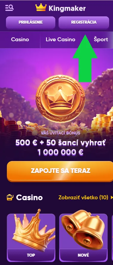 Kliknite na tlačidlo registrácie