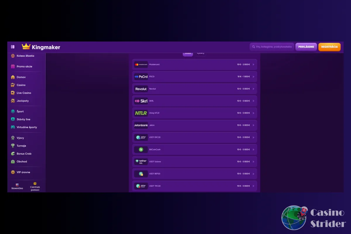 Vklady a výbery v Kingmaker Casino