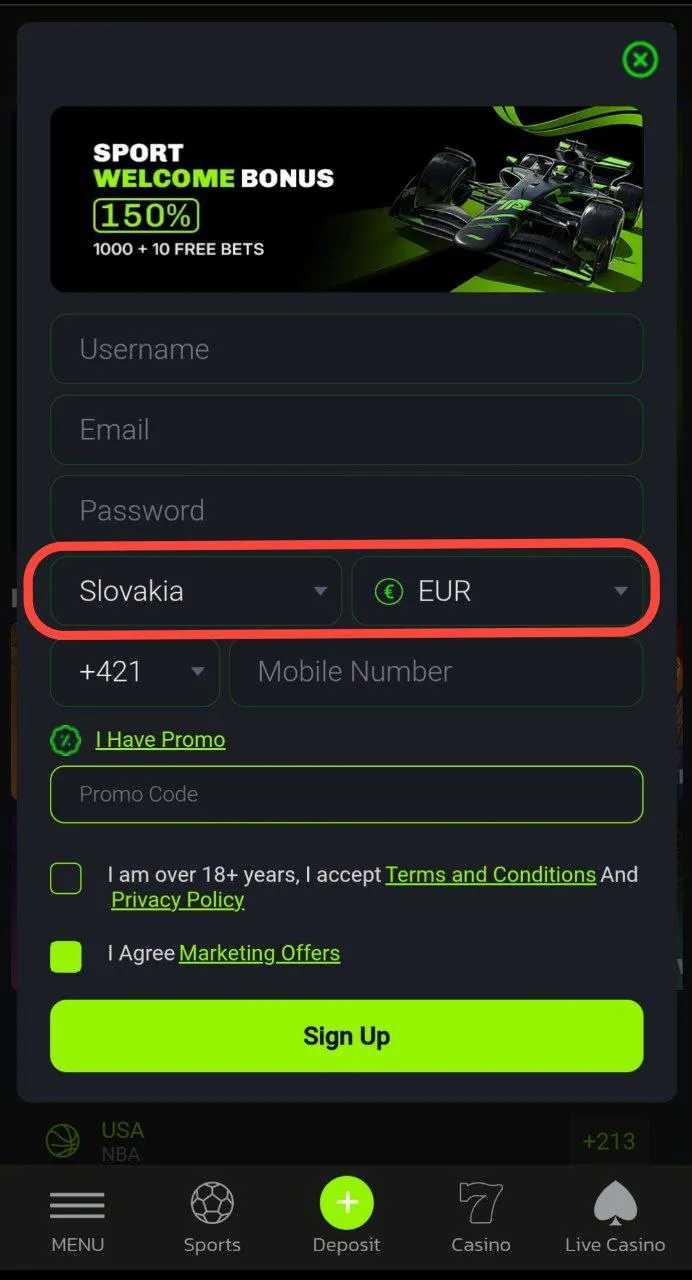 Výber krajiny a meny
