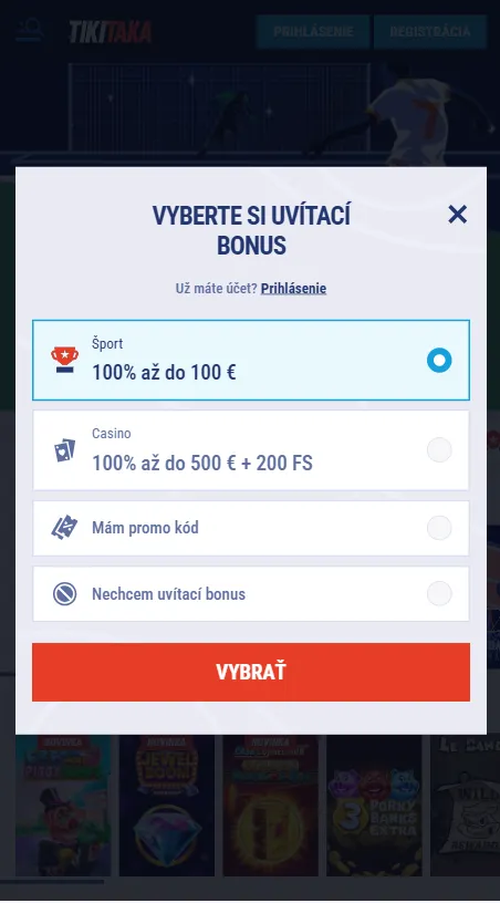 Vyberte uvítací bonus