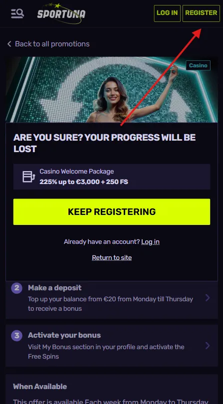 Kliknúť na „register“