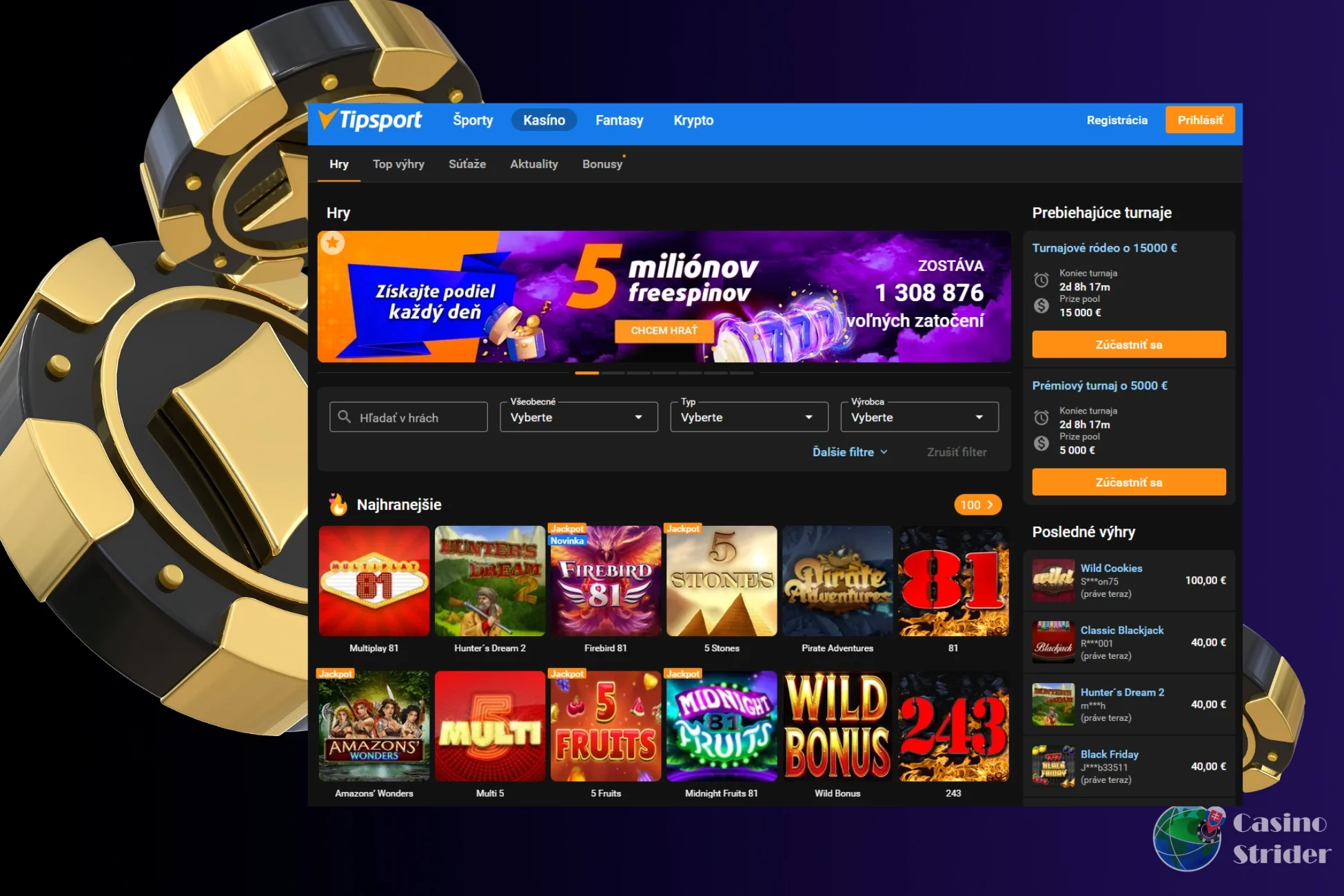 Tipsport - dnešné roztočenia bez klepania