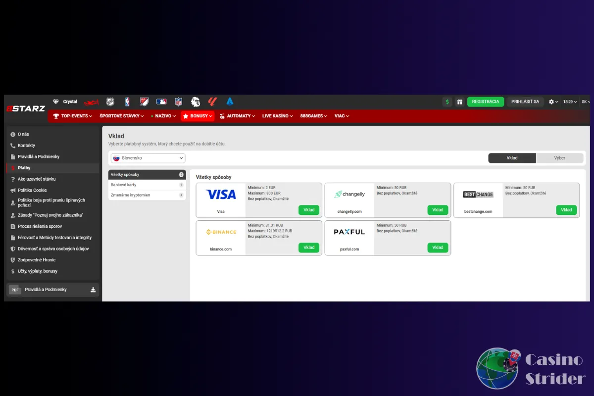 Platby a výbery v kasíne 888starz