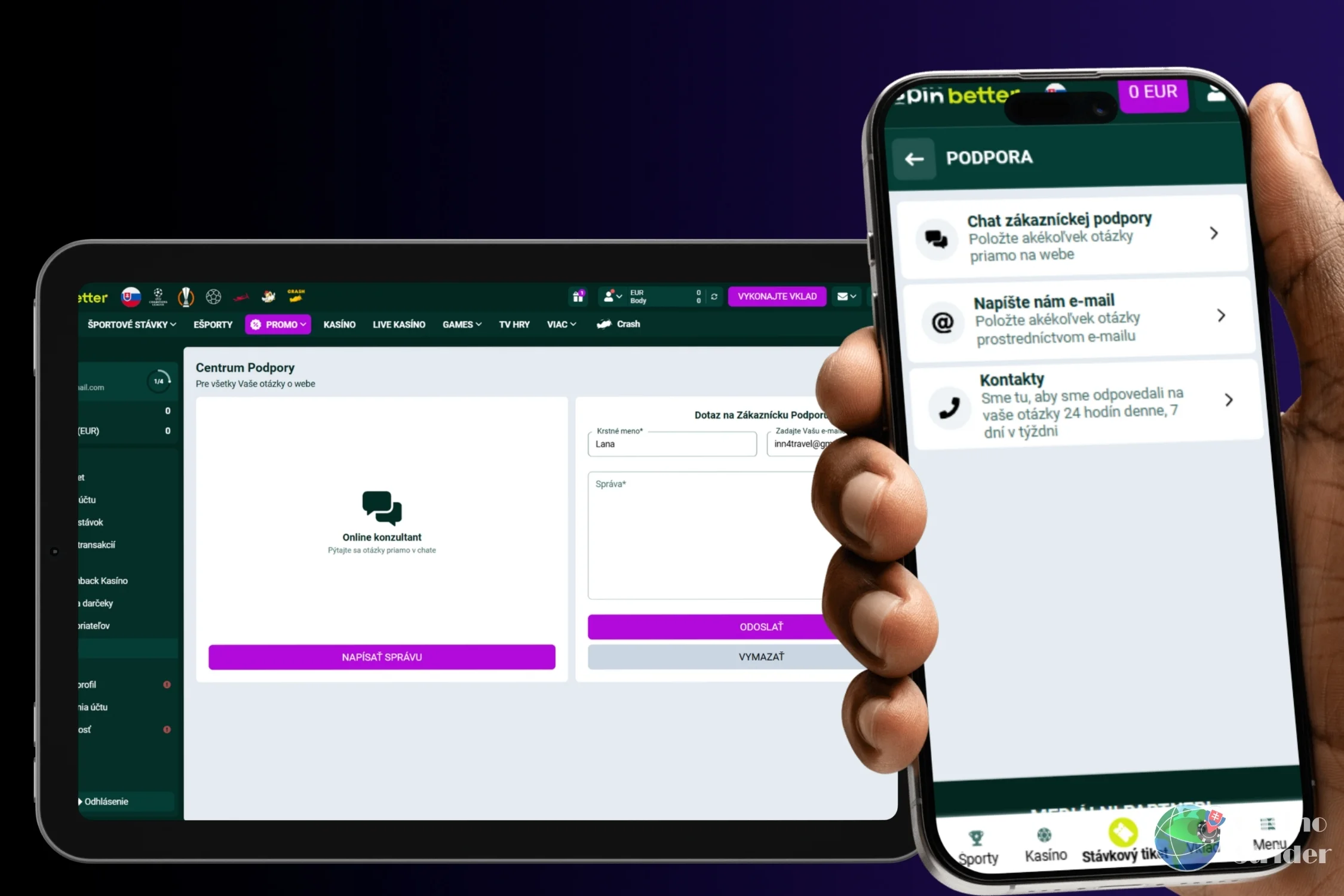 Podporná služba online kasína Spin Better