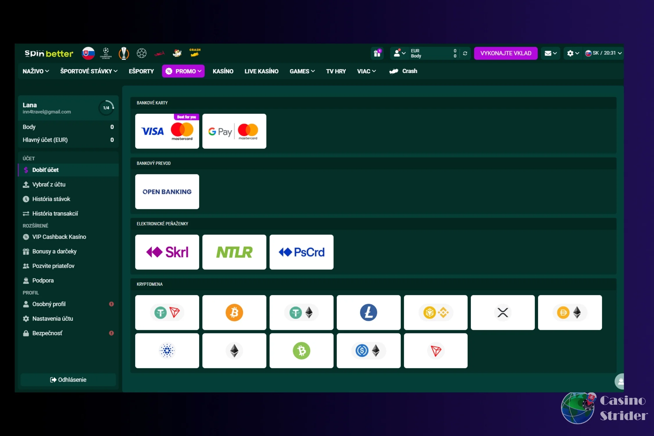 Vklady a výbery v kasíne SpinBetter