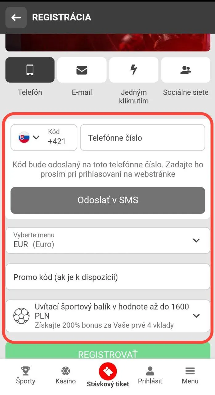 Vyplňte registračný formulár kasína