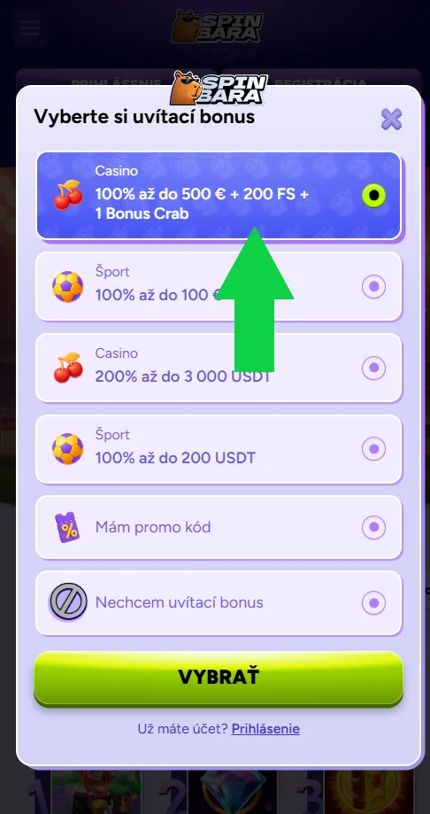 Výber registračného bonusu casino