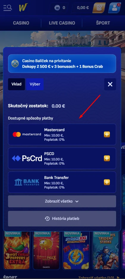 Vykonajte vklad v casino