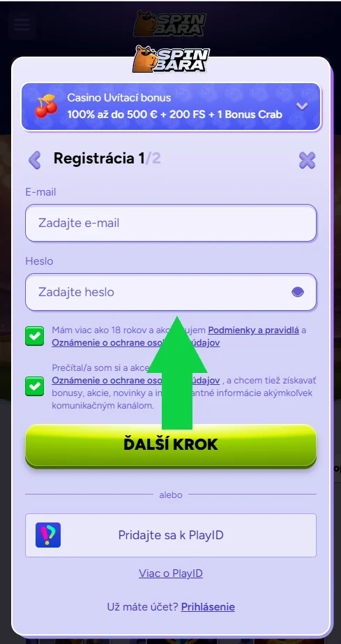 Vytvorenie prihlasovacích údajov kasína